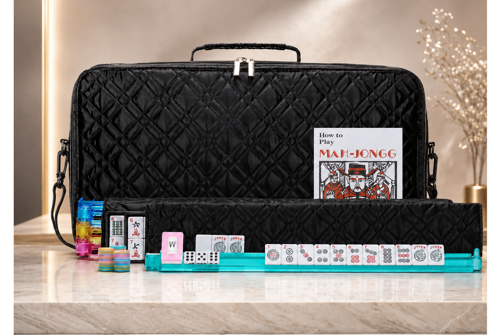 American Mahjong Set – Black Quilted PU Leather Bag, 166 Tiles & Racks