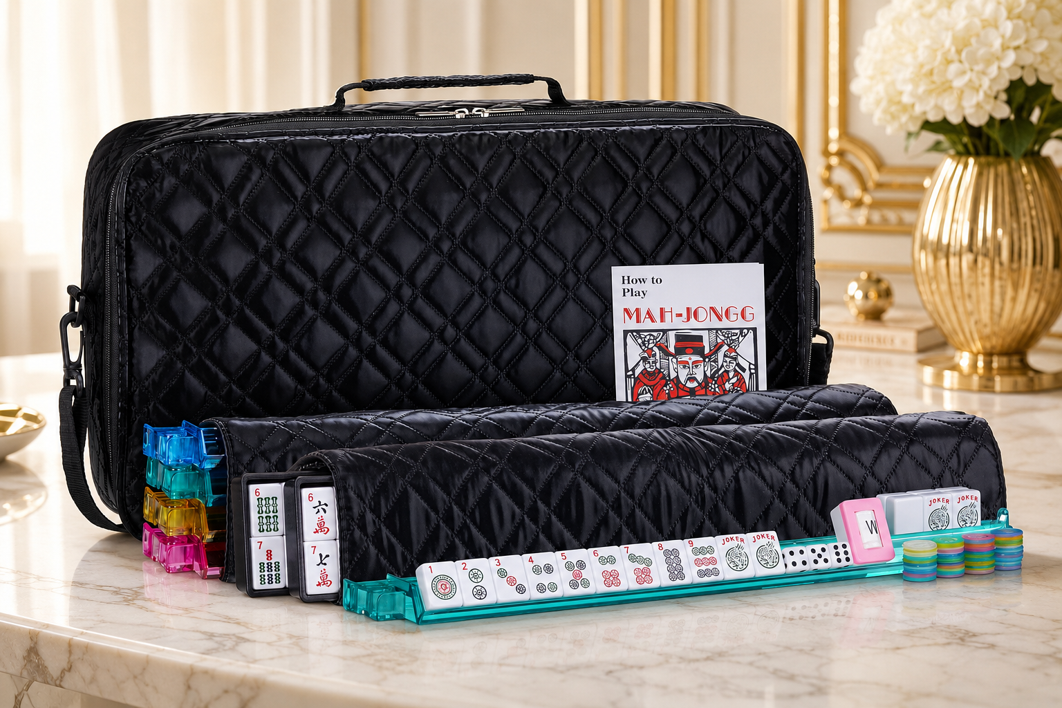 American Mahjong Set – Black Quilted PU Leather Bag, 166 Tiles & Racks