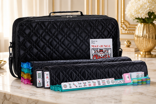American Mahjong Set – Black Quilted PU Leather Bag, 166 Tiles & Racks