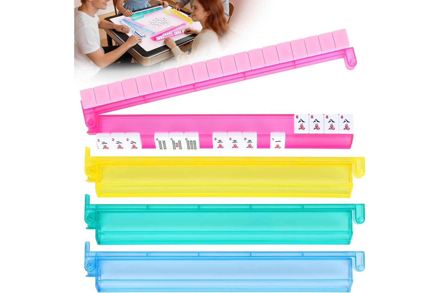 Acrylic Mahjong Mah Jongg Rack and Pusher Combo Set - 4 color Racks